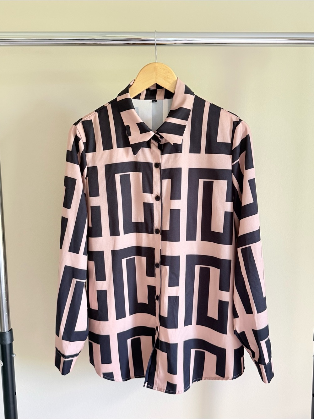 Geometric Print Button-Down Shirt - Pink & Black